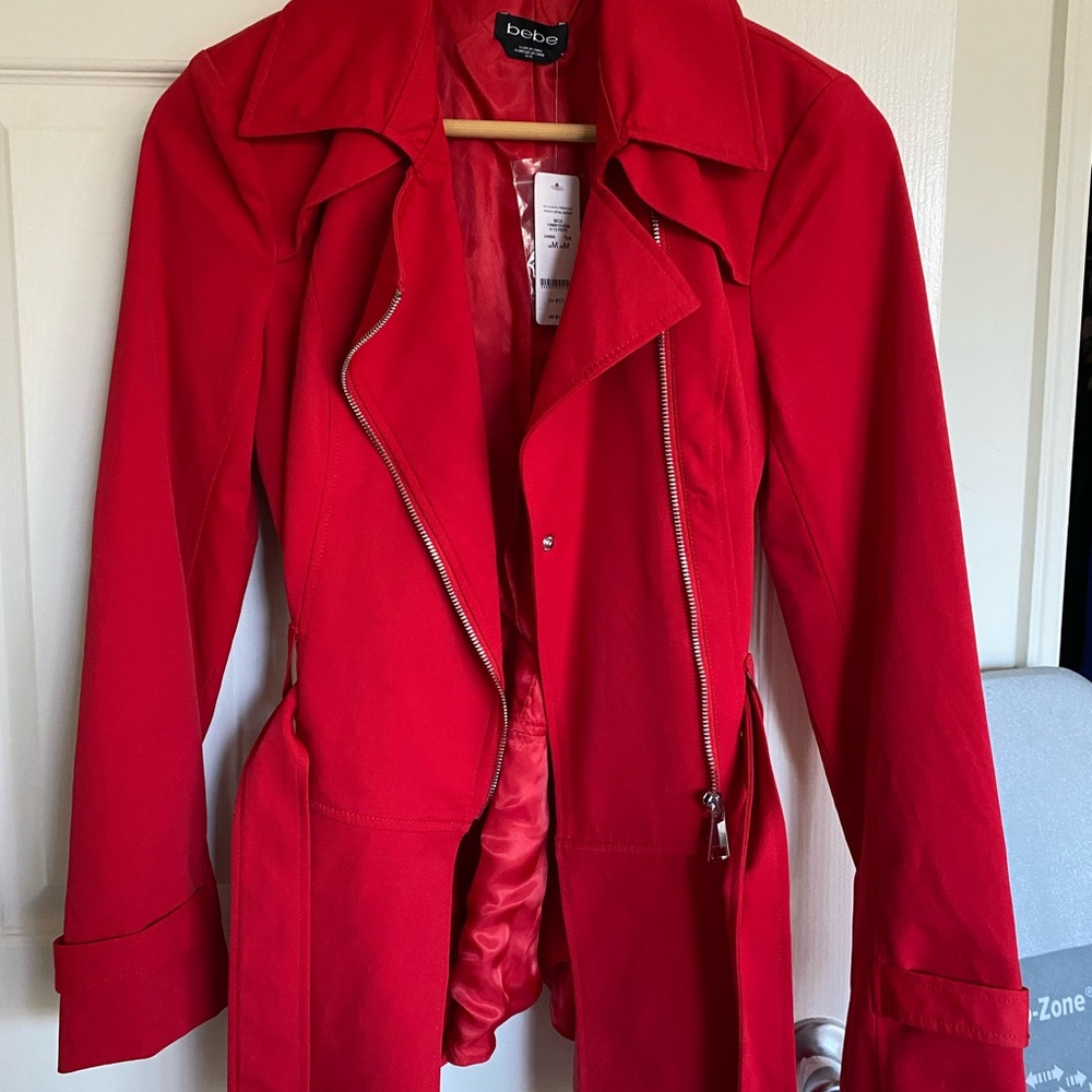 Bebe Red Trench Coat with Belt and Classic Collar